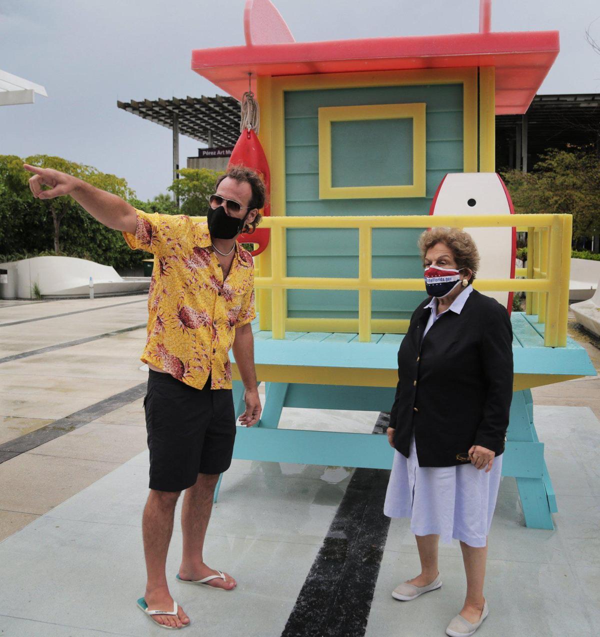 Bob Partington and Congresswoman Donna Shalala stand in front of a “Melting Florida Icon” statue at the Frost Science Museum. Shalala joined the September 9, 2020, press conference as part of the CLEO Institute’s campaign to draw attention to climate change. The campaign features wax sculptures created by Partington at the Miami museum as well as at two other locations in Tampa and Orlando.