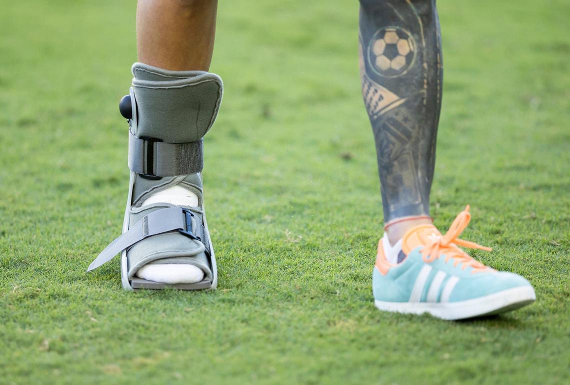 A view of Inter Miami forward Lionel Messi (10) injured right ankle after being recognized for winning 45 titles throughout his career by Inter Miami co-owner Jorge Mas during a ceremony before their team’s MLS match against Chicago Fire at Chase Stadium on Saturday, July 20, 2024, in Fort Lauderdale, Fla.