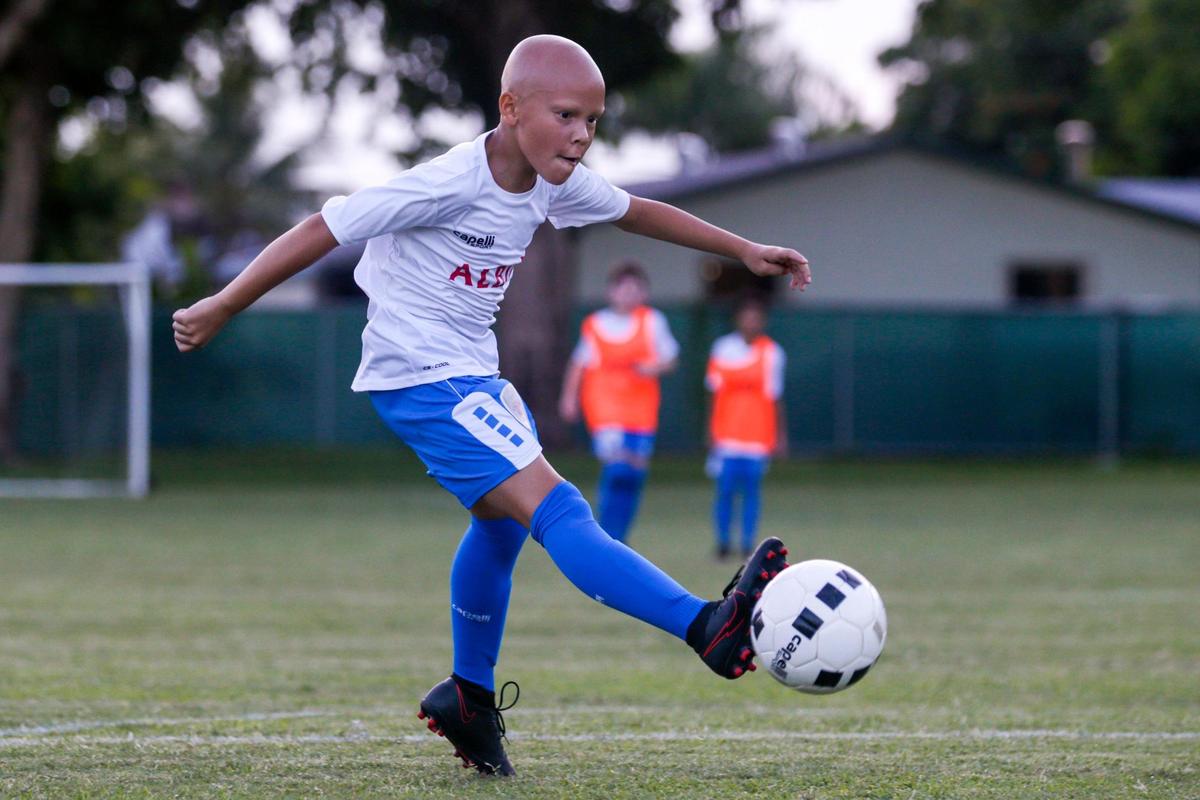 Justin Canet strikes the ball during a soccer game at Cutler Ridge Park in Cutler Bay, Florida on Thursday, August 19, 2021.