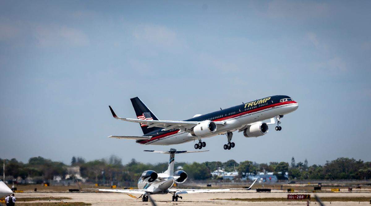 In 2023, Donald Trump’s private plane takes off from Palm Beach International Airport.