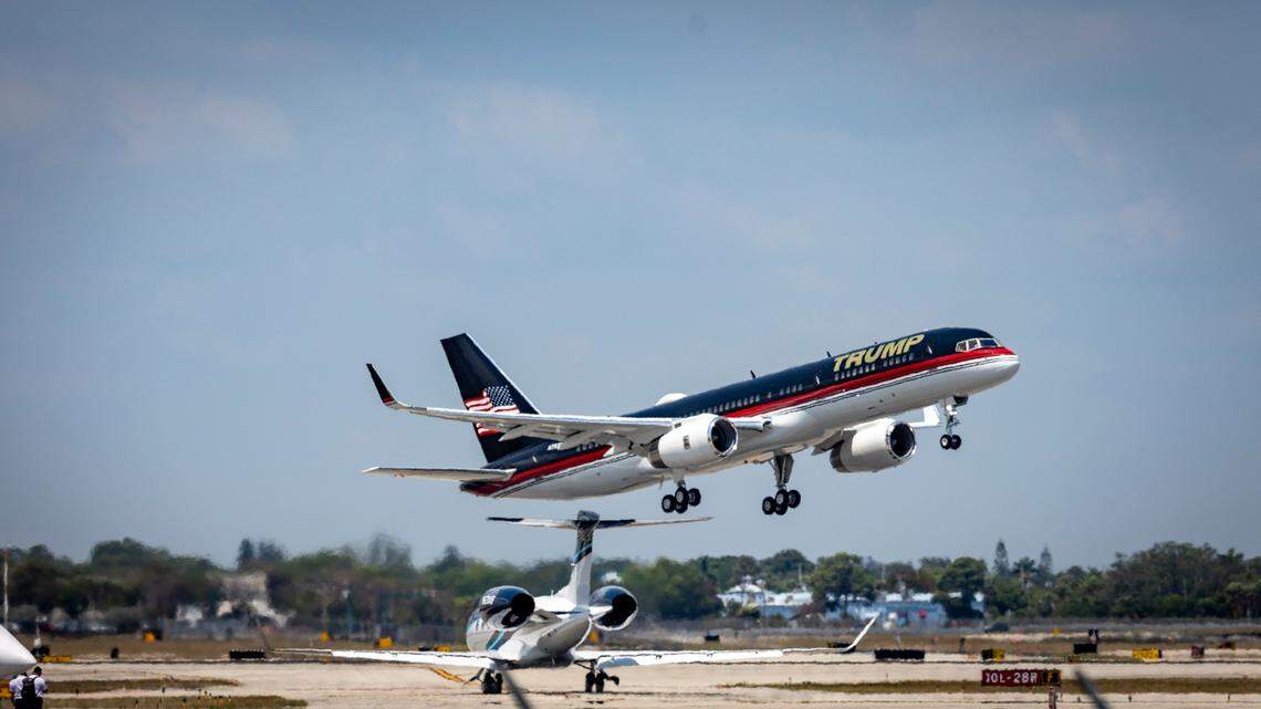 FILE - In 2023, Donald Trump’s private plane takes off from Palm Beach International Airport.
