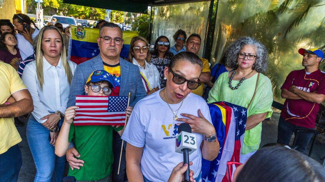 Venezuelan-American activist Adelys Ferro talks to the press during a vigil held in Doral by the Venezuelan American Caucus in support of the extension of the TPS for Venezuelans forced to leave their country due to the regime of Nicolas Maduro, on Thursday May 08, 2025.
