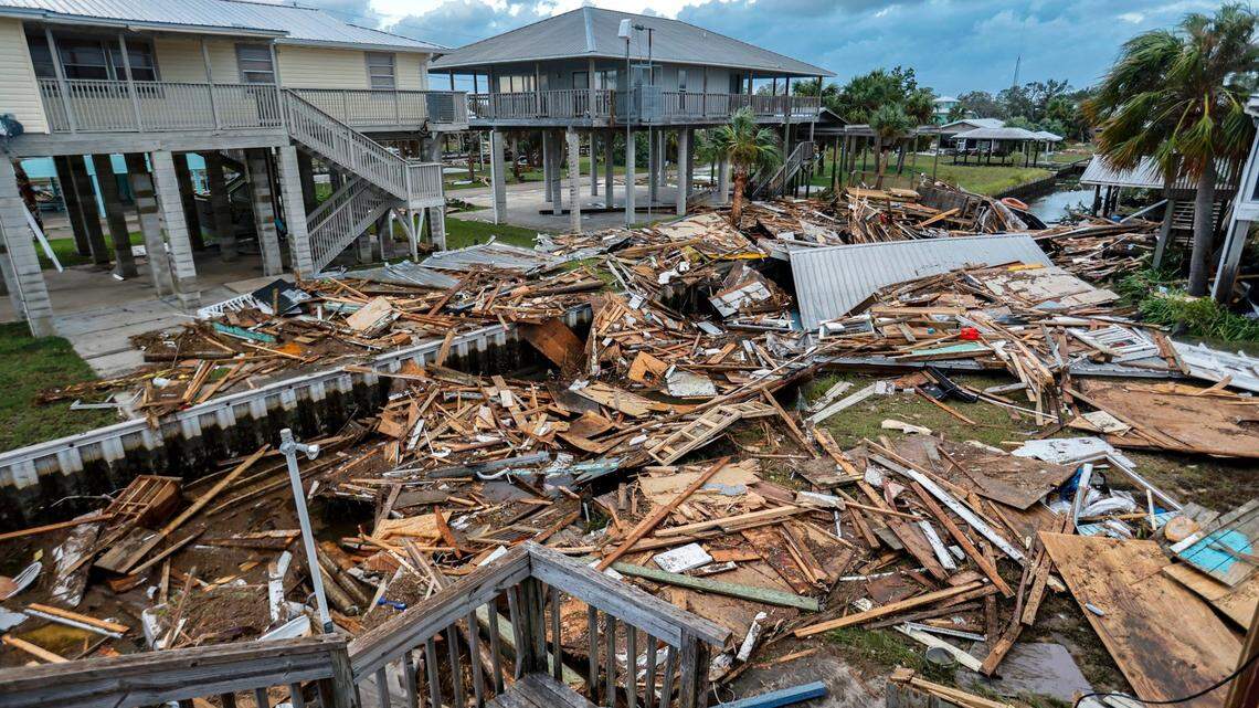 Some new structures stood while some older buildings were splintered after Hurricane Idalia hit Horseshoe Beach, Florida on Wednesday, August 30, 2023.