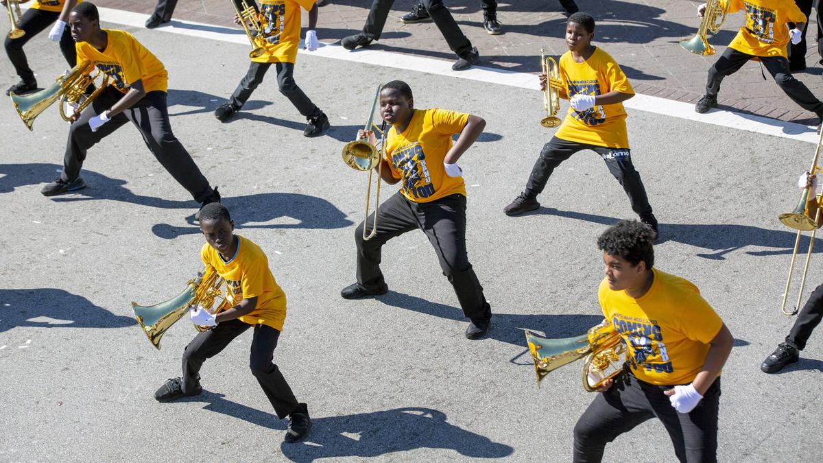 North Miami Middle School band performs during the 45th Annual Winternational Thanksgiving Day Parade in front of North Miami City Hall in North Miami, Florida on Thursday, November 28, 2019.