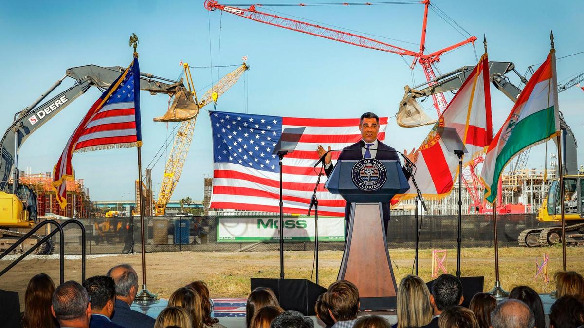 Miami Mayor Francis Suarez delivers his final State of the City address at the former Melreese golf course, the future site of Miami Freedom Park under construction in Miami on Wednesday, Jan. 15, 2025.