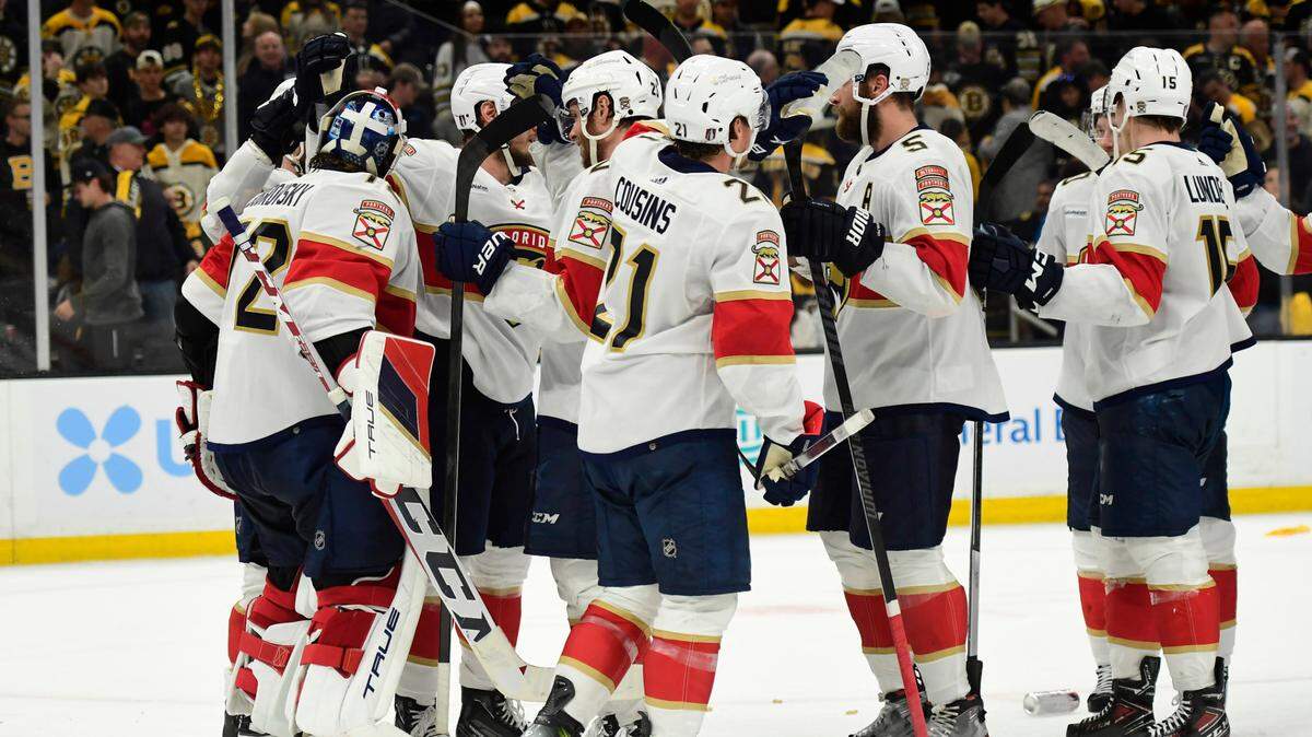 May 17, 2024; Boston, Massachusetts, USA; The Florida Panthers congratulate each other after defeating the Boston Bruins in game six of the second round of the 2024 Stanley Cup Playoffs at TD Garden. Mandatory Credit: Bob DeChiara-USA TODAY Sports