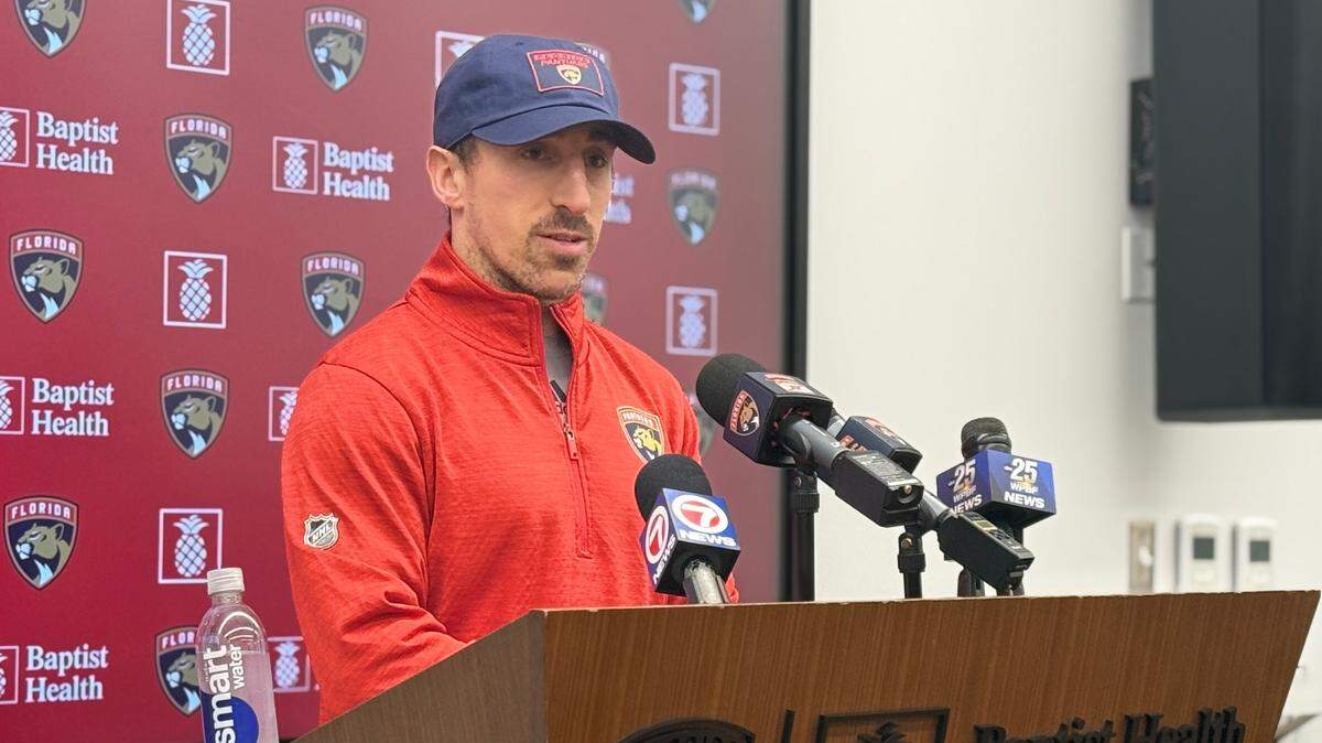 Florida Panthers forward Brad Marchand speaks during his introductory press conference on Monday, March 10, 2025, at the Baptist Health IcePlex in Fort Lauderdale, Florida.