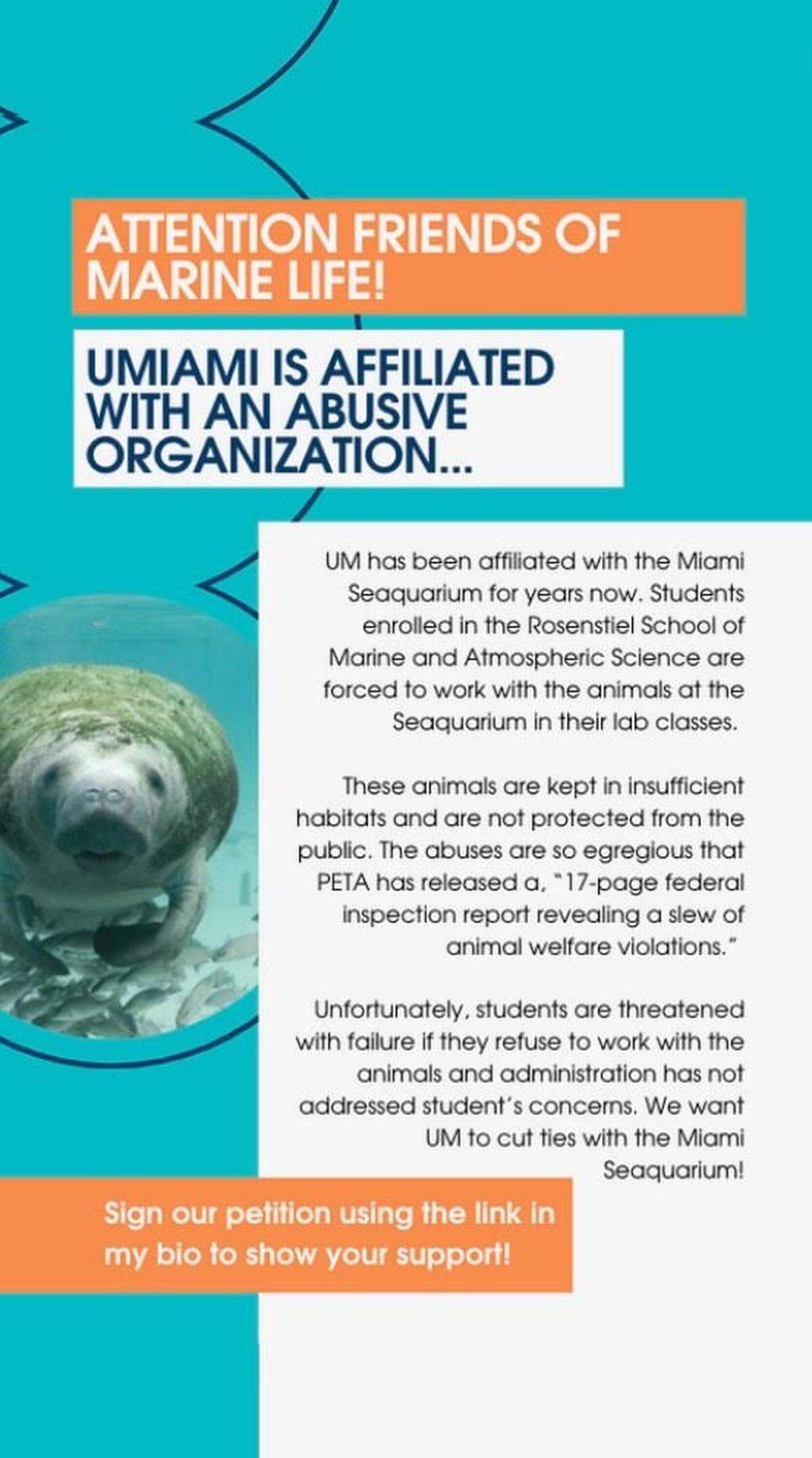 Los estudiantes de la Universidad de Miami han iniciado una campaña para pedir a la Escuela Rosenstiel de Ciencias Marinas y Atmosféricas que corte sus vínculos con el Seaquarium. Los estudiantes tienen que ir al parque para hacer trabajos de laboratorio como parte de los cursos de Ciencias Marinas.