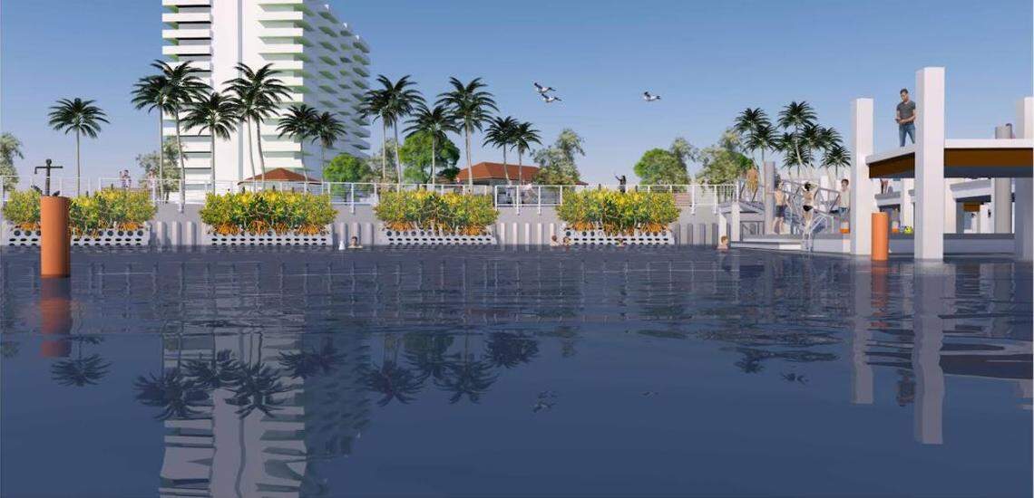 A rendering showing what Wahoo Bay, a sunken park planned for the Hillsboro Inlet near Pompano Beach, might look like when it’s built. The project will feature SEAHIVE technology from the University of Miami.