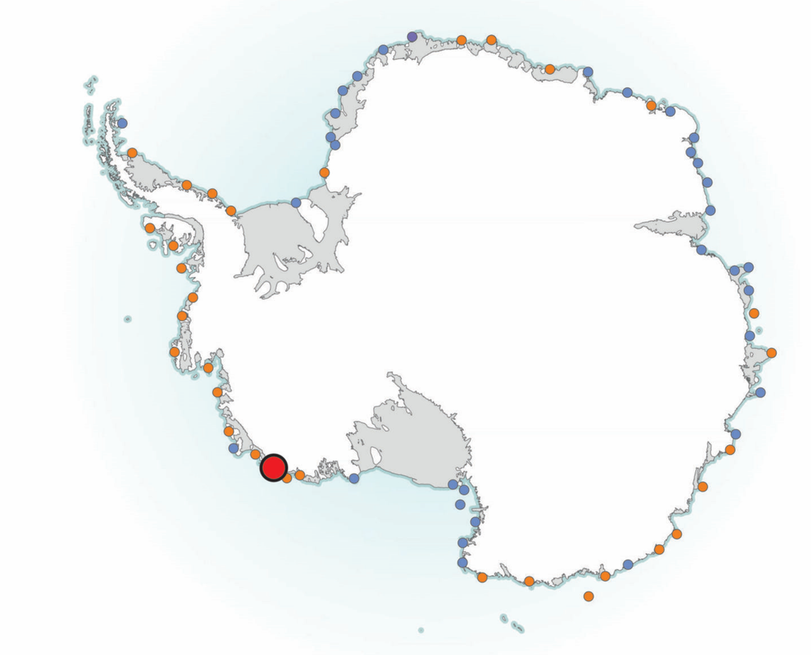 A map of known emperor penguin colonies with the newly-discovered colony marked by a larger red dot.