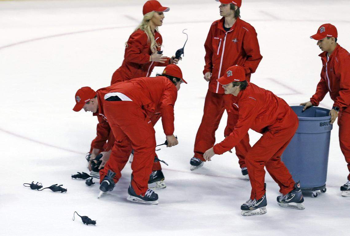 Florida Panthers tech-crew remove the rats on ice late in the third quarter as the Cats defeat the New York Islanders in round 1, game 2 of the 2016 NHL Stanley Cup Playoffs at the BB&T Center in Sunrise, Florida, April 15, 2016.