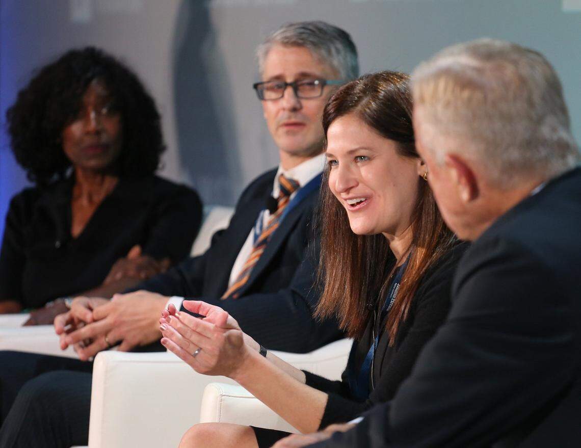 During “Election Shakeout: What 2018 Means for 2019 and 2020” discussion, Nancy Ancrum, editorial page editor for the Miami Herald, left, Marc Caputo, reporter with Politico, closely listen as Rachel Smolkin, executive editor CNN Politics, shares her thoughts with Michael Putney, senior political report for WPLG Local 10 News, right, looks on. “Conversation Leaders” held its inaugural event inside the Donna E. Shalala Student Center at University of Miami’s Coral Gables campus on Nov. 14, 2018.