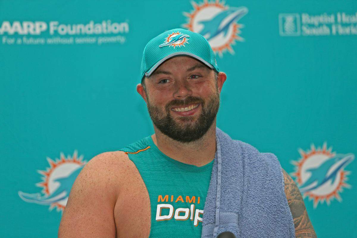 Miami Dolphins center Daniel Kilgore talks to the media after the Miami Dolphins Organized Team Activities at the Baptist Health Training Facility at Nova Southeastern University on Wednesday, May 23, 2018 in Davie.