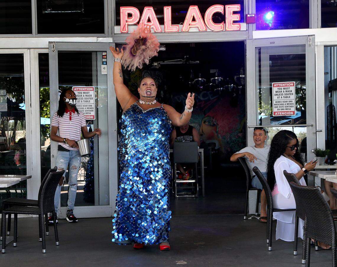 Drag artist Olga Dantelly performs at the Palace on Ocean Drive on Oct. 10 2020.