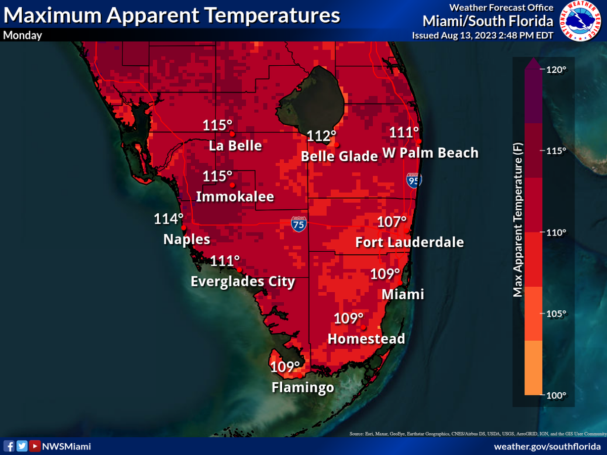 The heat index, or how the temperature feels, will reach 105-110 degrees between 11 a.m. and 7 p.m. Monday in South Florida, according to the National Weather Service in Miami. Heath index values are expected to be even higher in parts of Southwest Florida.