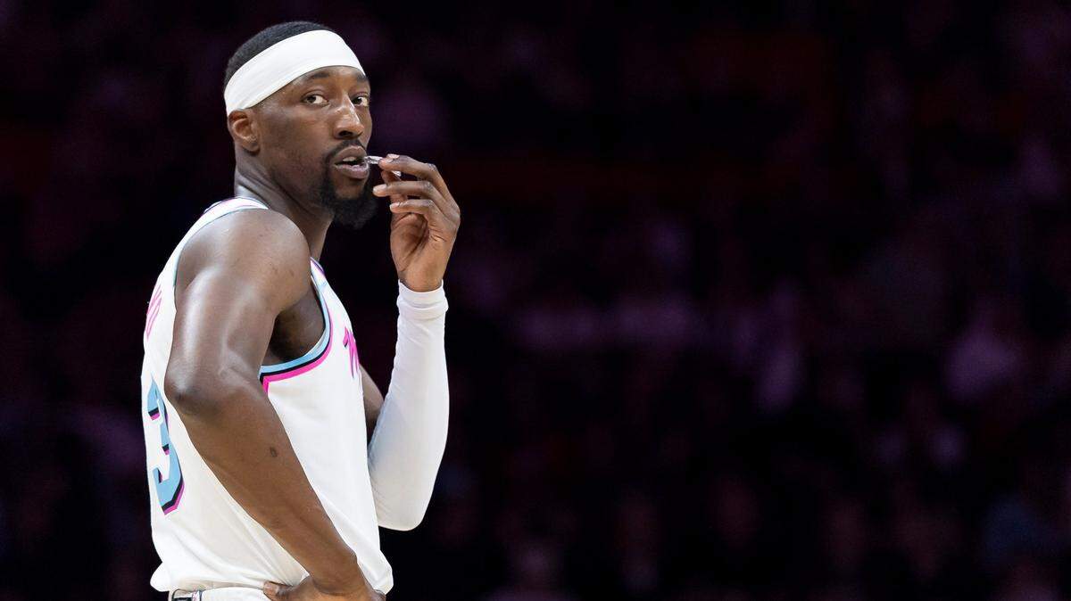 Miami Heat center Bam Adebayo (13) looks on in the second half of his NBA game against the Chicago Bulls at Kaseya Center on March 8, 2025, in Miami.