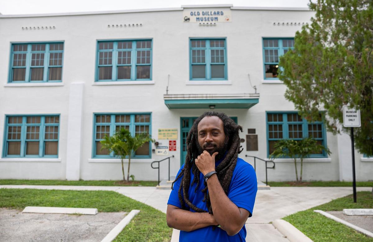 Emmanuel George, the curator of the Old Dillard Museum, is photographed outside of the historic building in the Sistrunk neighborhood on Wednesday, July 10, 2024, in Fort Lauderdale, Florida.