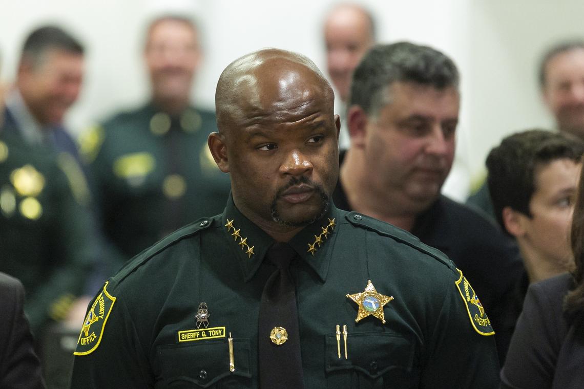 Gregory Tony, the newly appointed Broward Sheriff, attends a press conference at the Broward County Courthouse in Fort Lauderdale on Wednesday, Feb. 13, 2019. Florida Gov. Ron DeSantis announced he filed a petition with the Florida Supreme Court to form a statewide grand jury to examine and review school safety across the state.