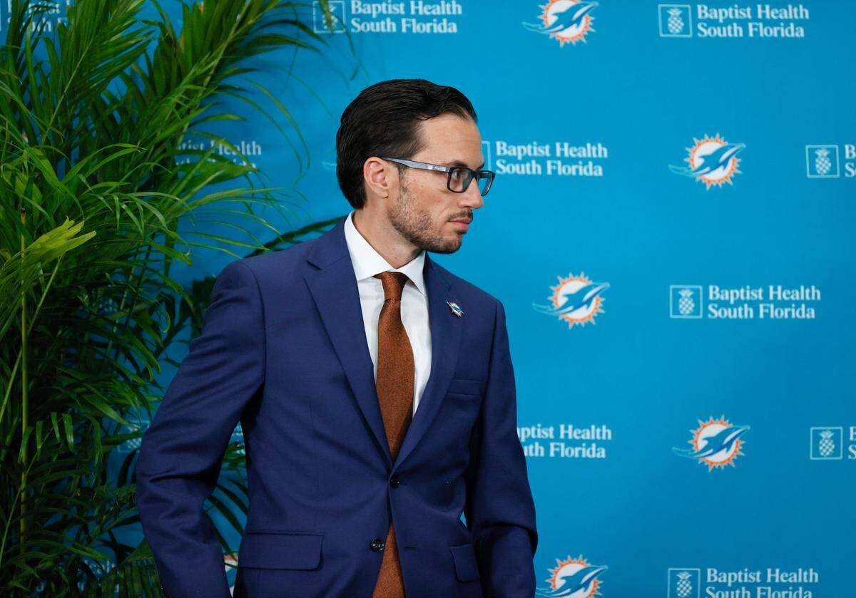 New Miami Dolphins head coach Mike McDaniel looks on during his introductory press conference at Baptist Health Training Complex in Hard Rock Stadium on Thursday, February 10, 2022 in Miami Gardens, Florida.