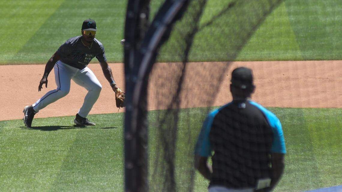 Miami Marlins shortstop prospect Kahlil Watson fields a ground ball during the team’s fall development camp on Tuesday, Oct. 5, 2021, at loanDepot park in Miami, Florida.
