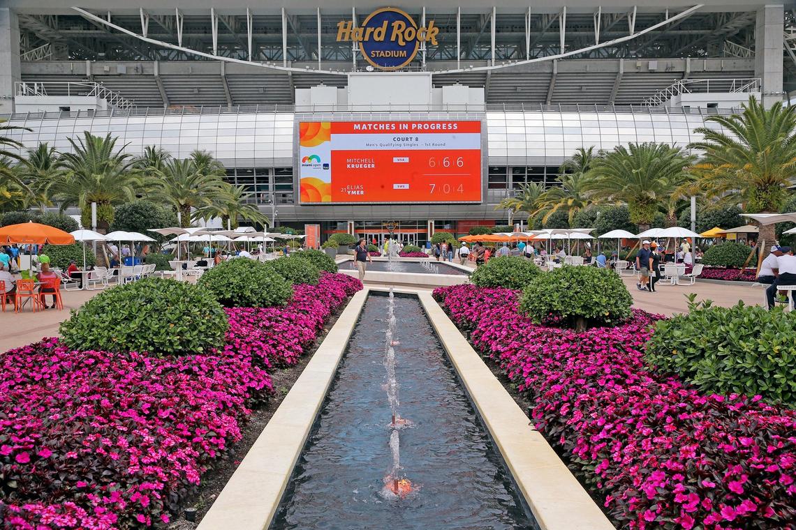 The center fountain at Hard Rock Stadium at the 2019 Miami Open in Miami Gardens, Florida, Monday, March, 18, 2019.