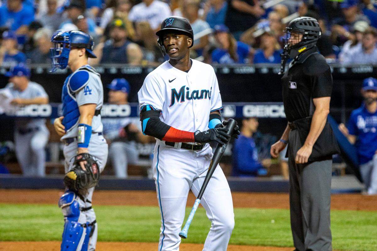 Miami Marlins batter Jesus Sanchez (76) reacts after lining out during the second inning of an MLB game against the Los Angeles Dodgers at loanDepot park in the Little Havana neighborhood of Miami, Florida, on Tuesday, July 6, 2021.
