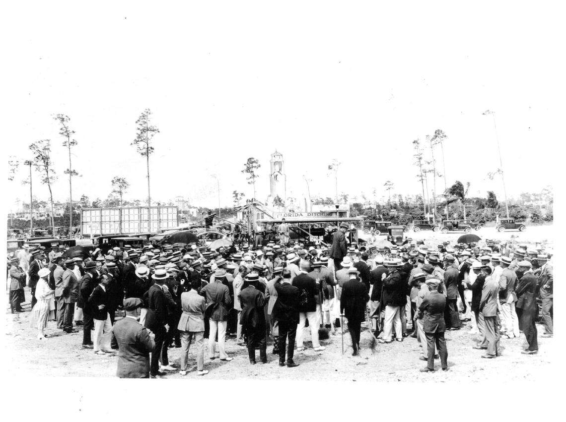 Coral Gables Congregational Church in background as the cornerstone is laid for the Biltmore hotel in the 1920s. The the 1960s, it was a veterans’ hospital.