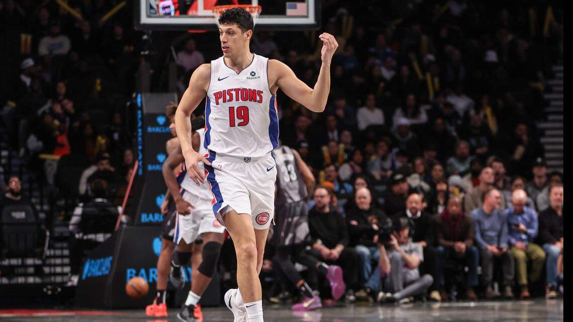 Detroit Pistons forward Simone Fontecchio (19) gestures after scoring in the fourth quarter against the Brooklyn Nets at Barclays Center.