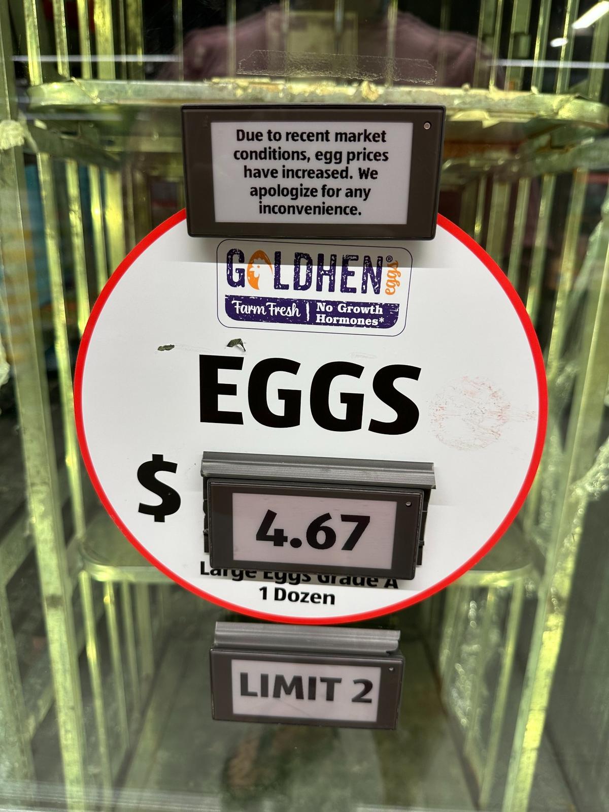 Aldi large Grade A eggs were $4.67 for a dozen with a limit of two at the Aldi Hammocks location on Feb. 4, 2025. They were none left on that day inside the cooler.