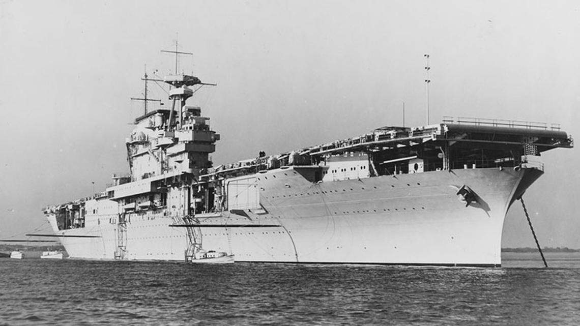 This is the USS Yorktown anchored at Hampton Roads, Virginia, on Oct. 30, 1937. It was sunk by a Japanese torpedo in 1942.