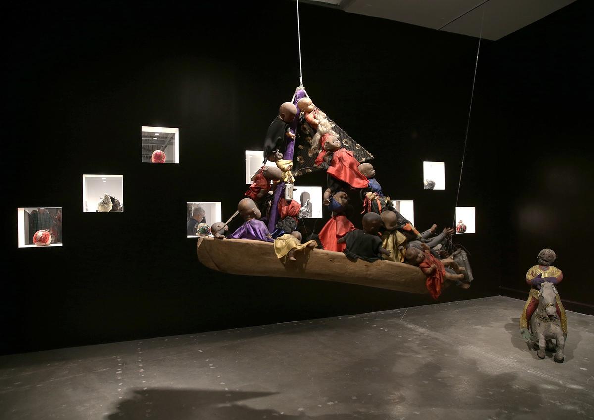 View of pieces by Haitian artist Lherisson Dubreus, who lives and works in Port-au-Prince, from the exhibit “PñTOPRENS: The Urban Artists of Port-au-Prince” which brings together the work of over 20 artists working in the Haitian capital. The exhibition features work that illuminates the history, music, politics, religion, magic, architecture, art, and literature that intersect in Port-au-Prince, enabling the viewer to reflect upon the past and speculate about the future of this vital city and its country. at Moca Museum of Contemporary Art, in North Miami on Friday April 26, 2019.