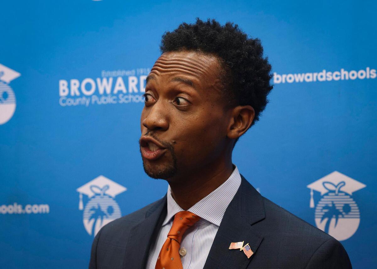 Torey Alston, District 2, speaks during a press conference at the Broward County School Board meeting, where one of the items is talking about a new superintendent, on Tuesday, May 2, 2023, in downtown Fort Lauderdale.