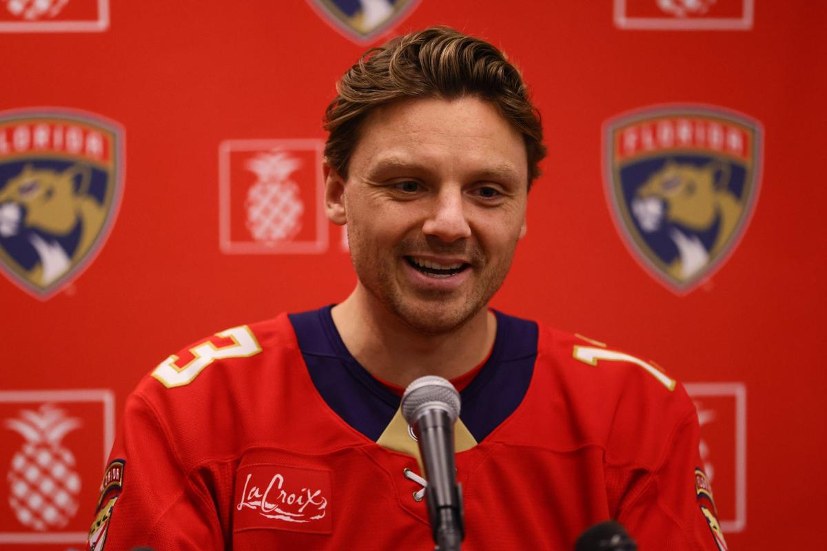 Florida Panthers center Sam Reinhart (13) talks to reporters during media day at Baptist Health IcePlex in Fort Lauderdale, Florida, on Wednesday, September 18, 2024.