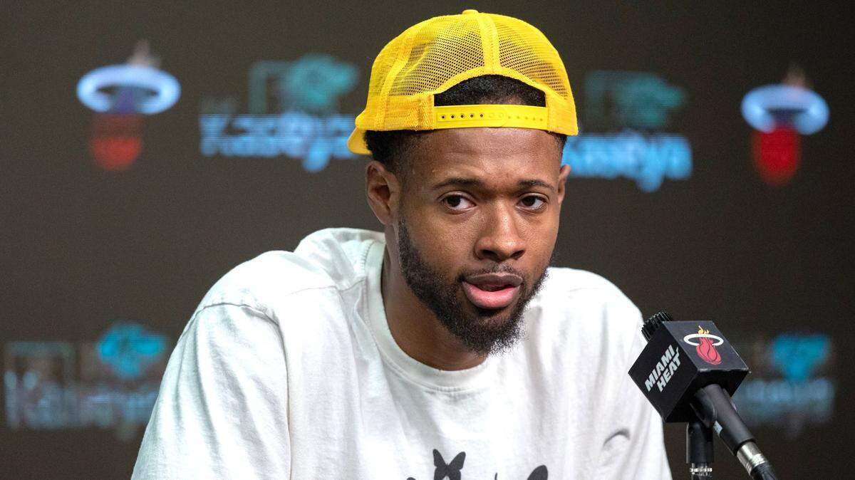 Miami Heat forward Haywood Highsmith (24) speaks to reporters during end-of-season exit interviews at the Kaseya Center in Miami on Friday, May 3, 2024.