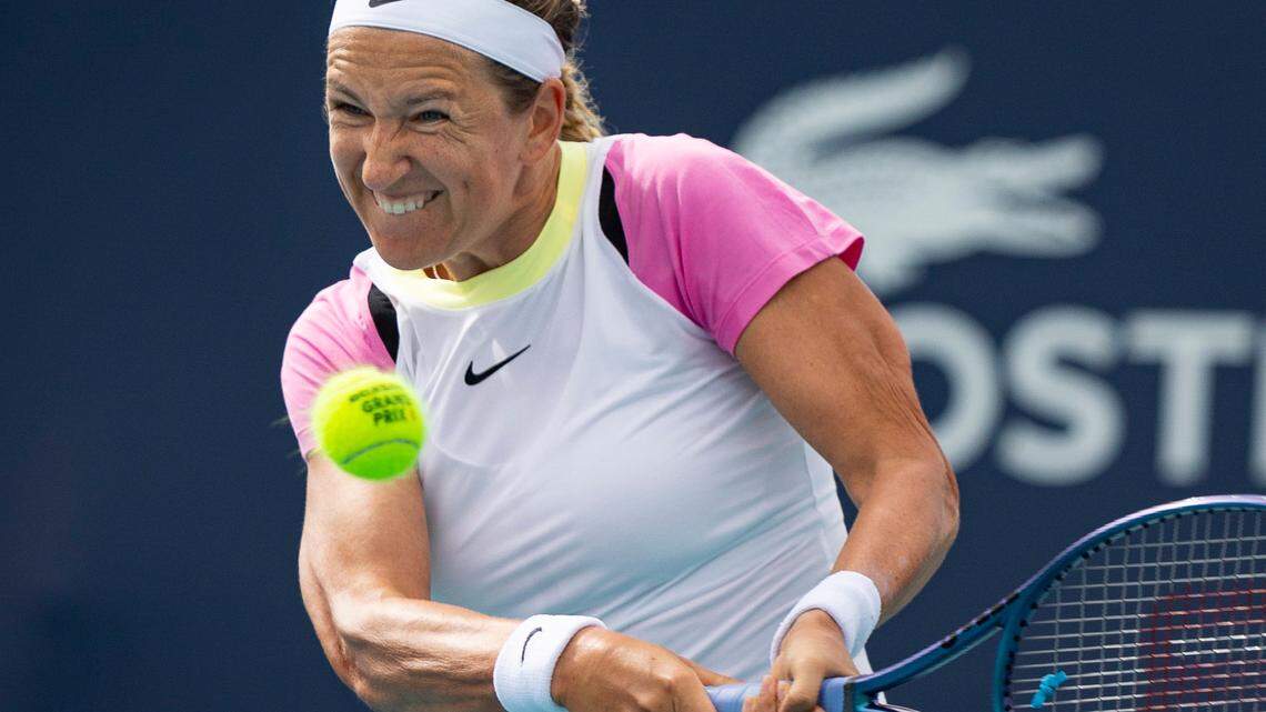 Victoria Azarenka returns the ball during the fourth round of the women’s singles match against Katie Boutler GBR at the Miami Open tennis tournament on Monday, March 25, 2024, at the Hard Rock Stadium in Miami Gardens. The 34-year-old is one of 20 mothers on the WTA tour.