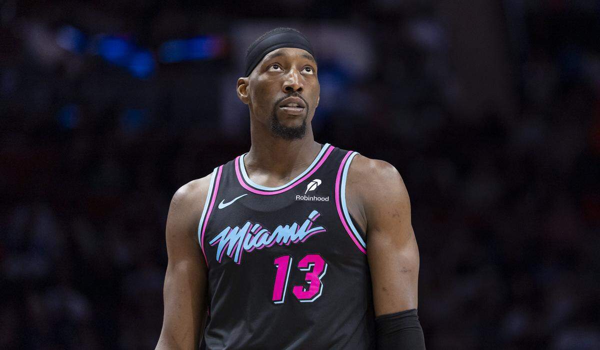 Miami Heat center Bam Adebayo (13) looks on after a play against the Orlando Magic in the first half of their NBA game at Kaseya Center on March 14, 2026, in Miami.