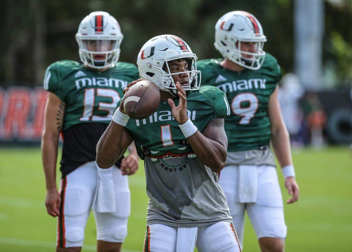 Miami Hurricanes quarterback D’Eriq King (1) sets up to pass at the University of Miamis Greentree Field in Coral Gables on Tuesday, August 31, 2021.