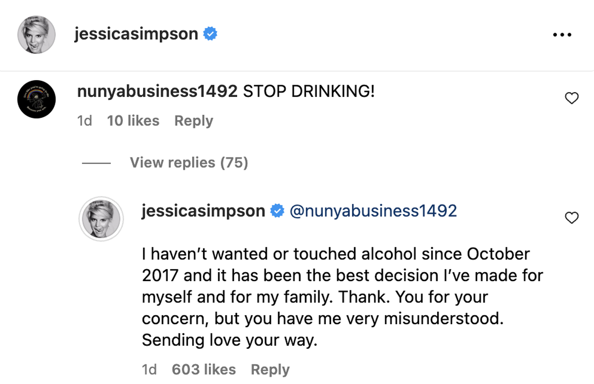 Jessica Simpson speaks out after fans beg her to stop drinking