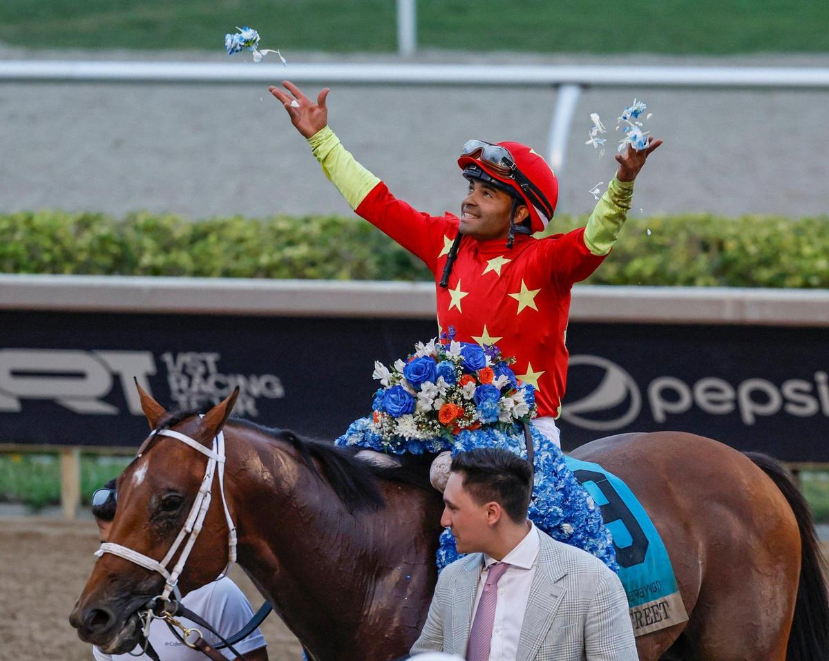 Riding Tappan Street, jockey Luis Saez reacts after winning the 74th Running of The Curlin Florida Derby at Gulfstream Park in Hallandale Beach, Florida, on Saturday, March 29, 2025.