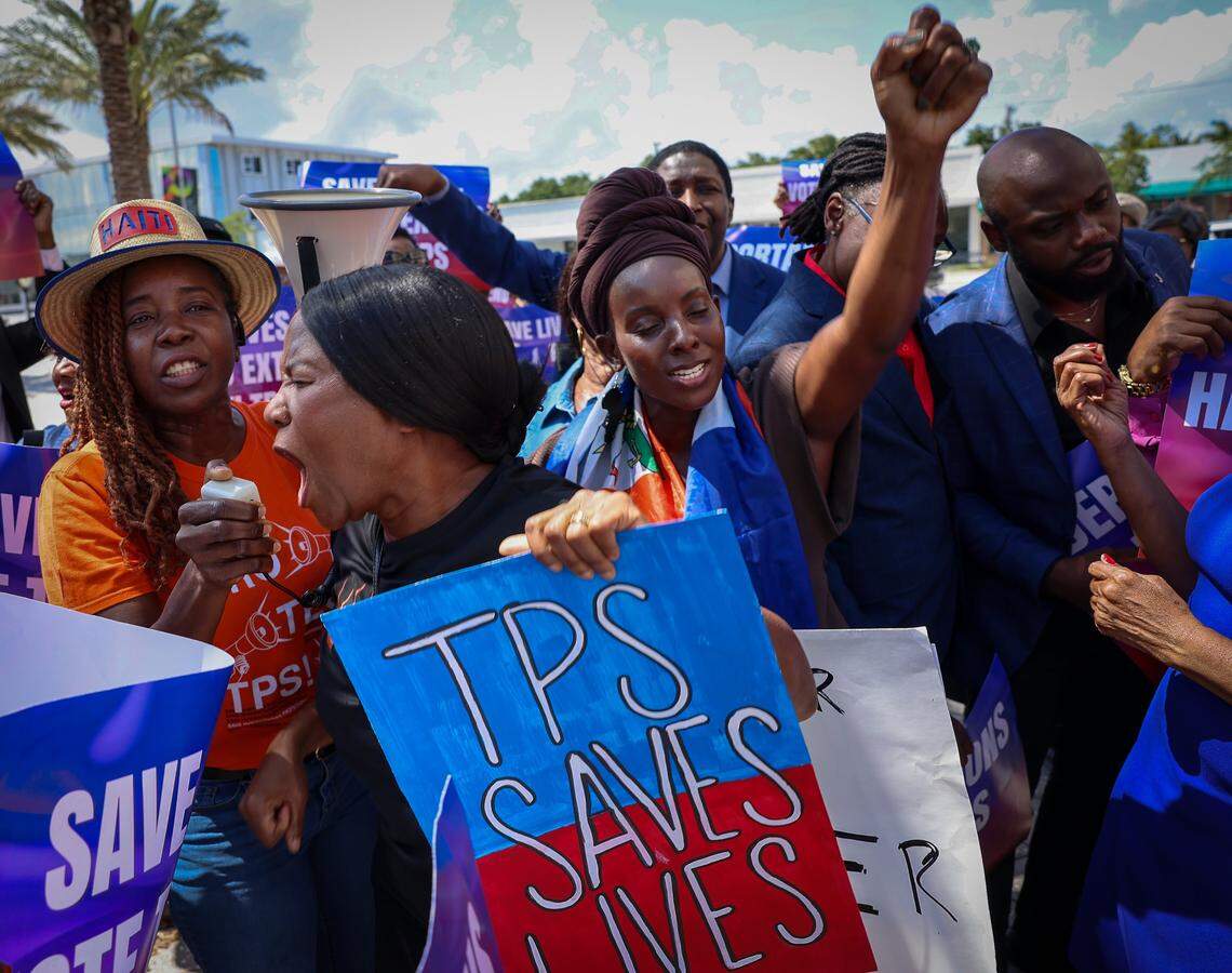 In the center, Anne Pierre, center takes to the bullhorn as she chants in support of the extension of TPS as Family Action Network Movement (FANM), alongside South Florida partners, led a rally on Sunday, April 26, 2026, calling on federal decision-makers to extend Temporary Protected Status (TPS) for Haitian nationals at the MoCA Plaza in North Miami, Florida. The mobilization comes at a critical moment as the Supreme Court of the United States prepares to hear oral arguments on the administration's attempt to terminate TPS for Haiti. The decision could place more than 350,000 Haitian nationals at risk of losing protection from deportation and work authorization, threatening the stability of their families. The April 26 event in North Miami is part of a broader series of pre-oral argument mobilizations, including actions in Atlanta on April 18 and in Washington, D.C., in front of the Supreme Court on April 29, coinciding with oral arguments.