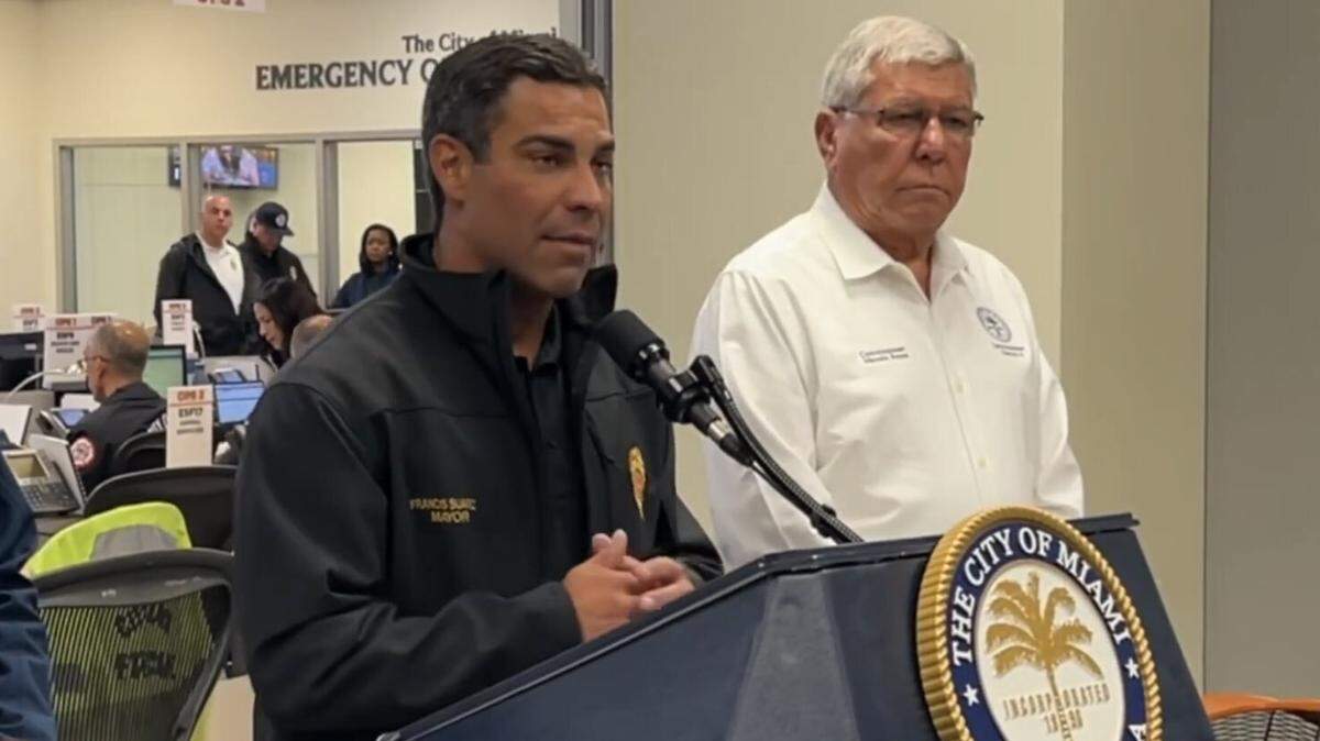 Miami Mayor Francis Suarez leads a press conference on the potential for heavy rain from Hurricane Ian on Tuesday, Sept. 27, 2022. He later flew to New York for a fundraiser for his political committee as Miami was under a tropical storm warning from Ian.
