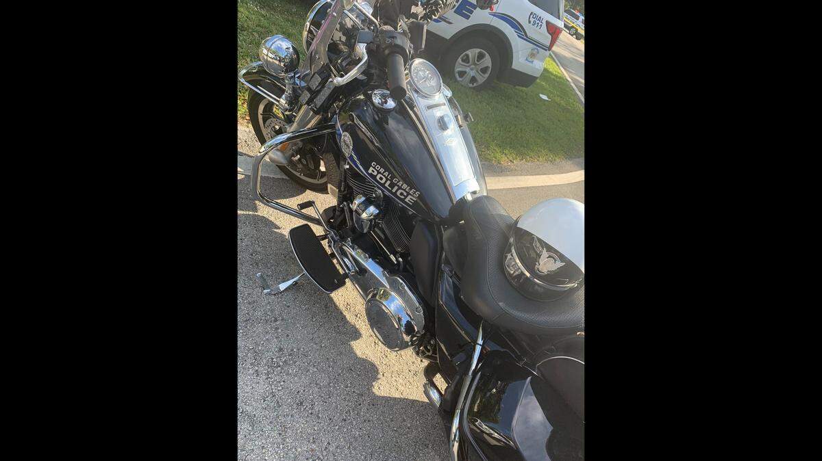 A Coral Gables Police motorcycle officer was injured in a crash Tuesday. The severity of his injuries has not been released.