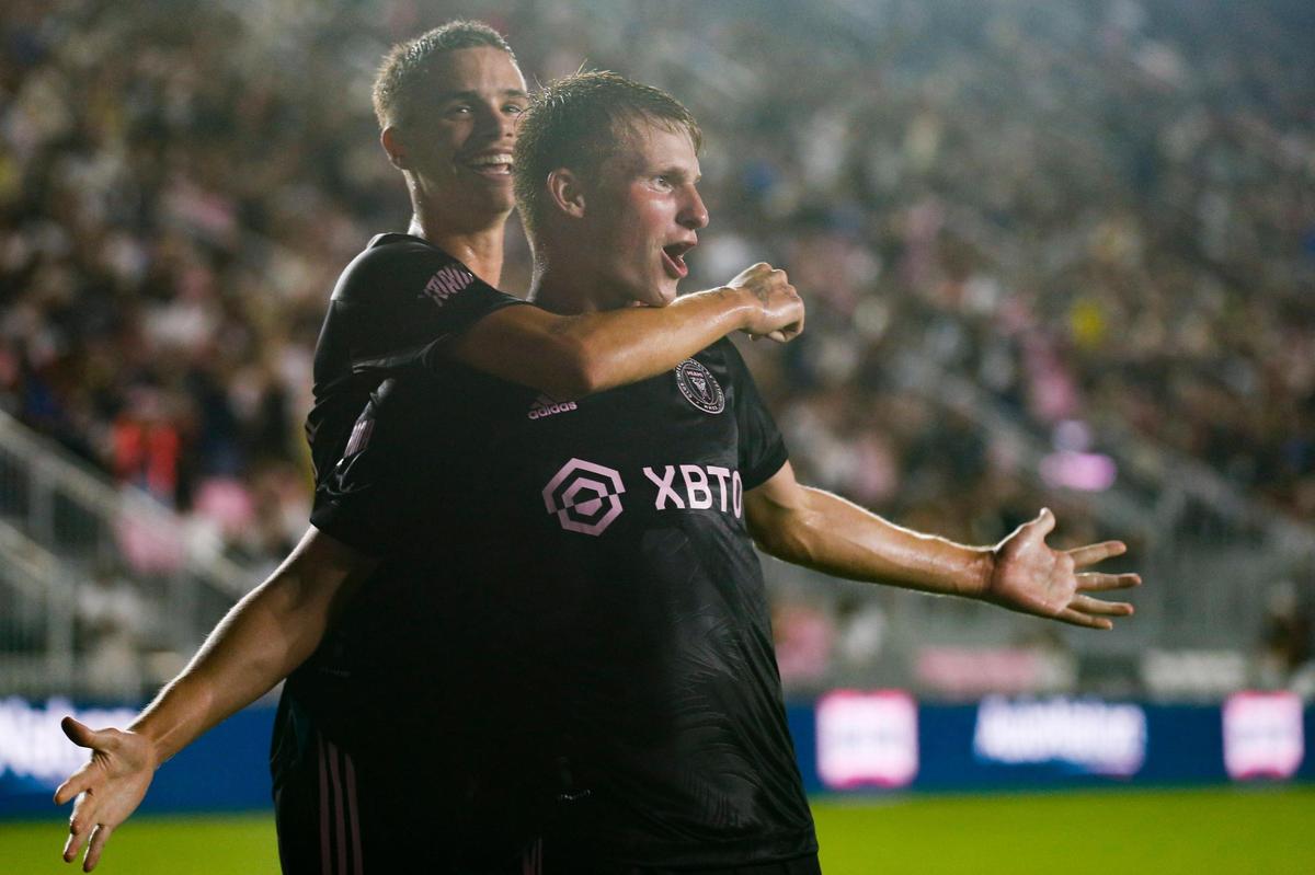 Inter Miami CF player Ethan Hardin (37) celebrates with Romeo Beckham after scoring during the second half of an international friendly against Club Universitario de Deportes match at DRV PNK Stadium in Fort Lauderdale, Florida on Wednesday, January 26, 2022.