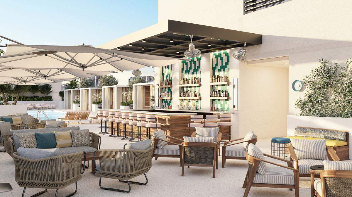 Representación del bar y la terraza de la piscina en la azotea del Arlo Wynwood, que abre este otoño.