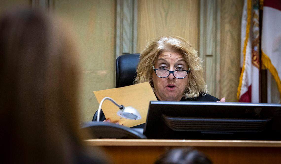 Judge Marisa Tinkler Mendez speaks to prosecutor Laura Adams during a hearing Wednesday, March 5, 2025, in which the state sought an order for real estate broker George Pino to not contact the family of Luciana Fernandez, the 17-year-old girl killed after Pino crashed his boat into a channel marker on Sept. 4, 2022.   