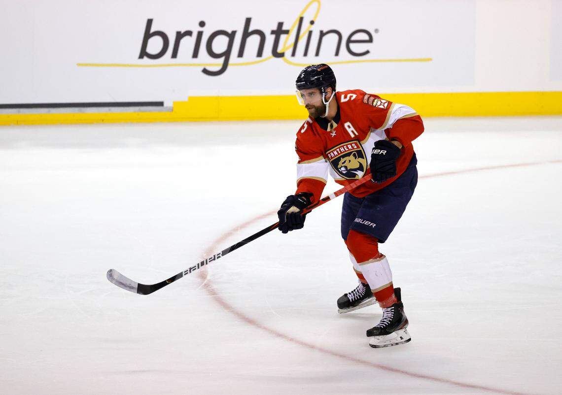 Florida Panthers defenseman Aaron Ekblad (5) skates during warmups an NHL game against the Columbus Blue Jackets at the FLA Live Arena on Thursday, February 24, 2022 in Sunrise, Fl.