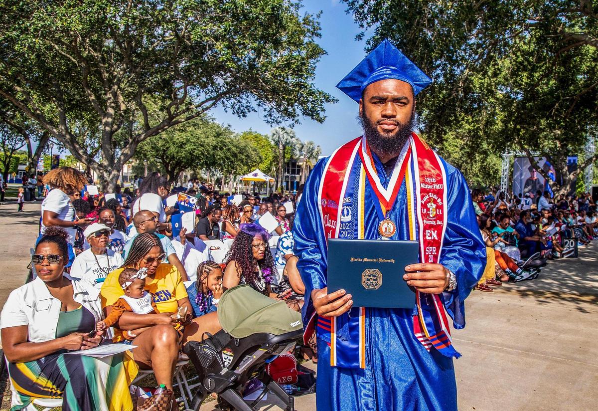 Jalil Lee, a graduate in aviation management, celebrates during the spring commencement ceremony at Florida Memorial University in Miami Gardens, on Saturday May 6, 2023.