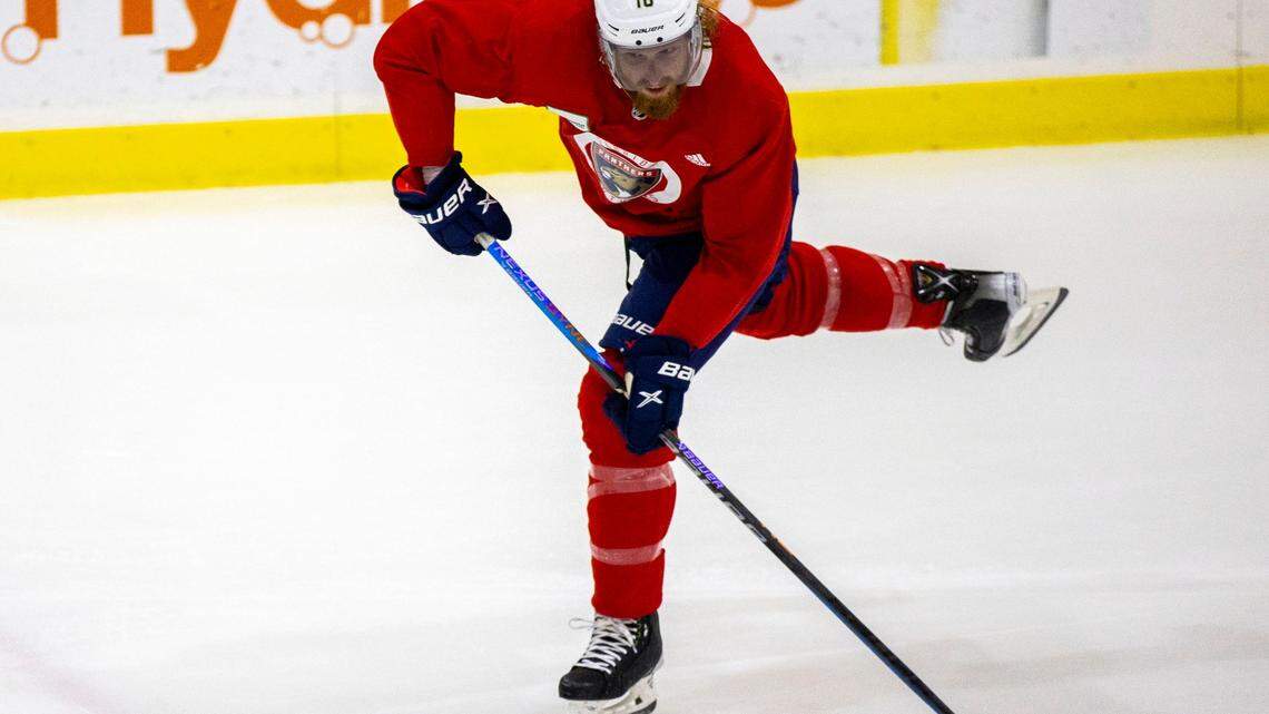 Florida Panthers defender Marc Staal (18) takes a shot on goal during 2022-23 Training Camp presented by Baptist Health at the Panthers IceDen in Coral Springs, Florida, on Thursday, September 22, 2022.