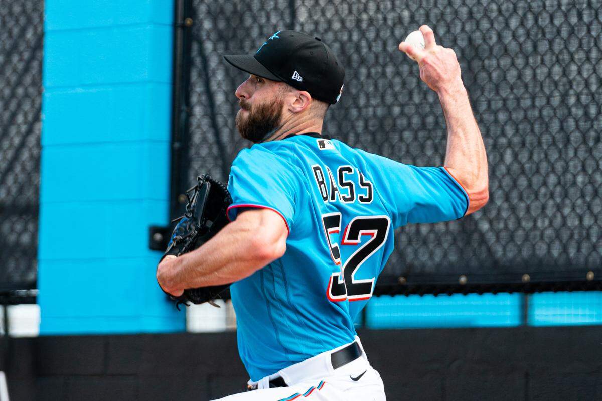 Miami Marlins Anthony Bass on the first day of Spring Training on February 18, 20201 at the Miami Marlins Spring Training facility at Roger Dean Chevrolet Stadium in Jupiter, Florida.