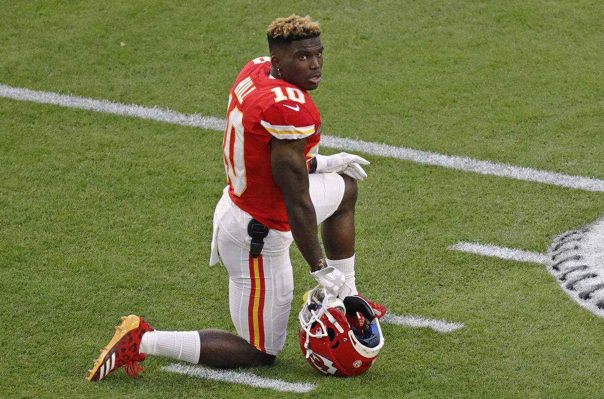 Kansas City Chiefs wide receiver Tyreek Hill (10) looks on before the start of the NFL Super Bowl 54 against the San Francisco 49ers at Hard Rock Stadium on Sunday, February 2, 2020, in Miami Gardens.